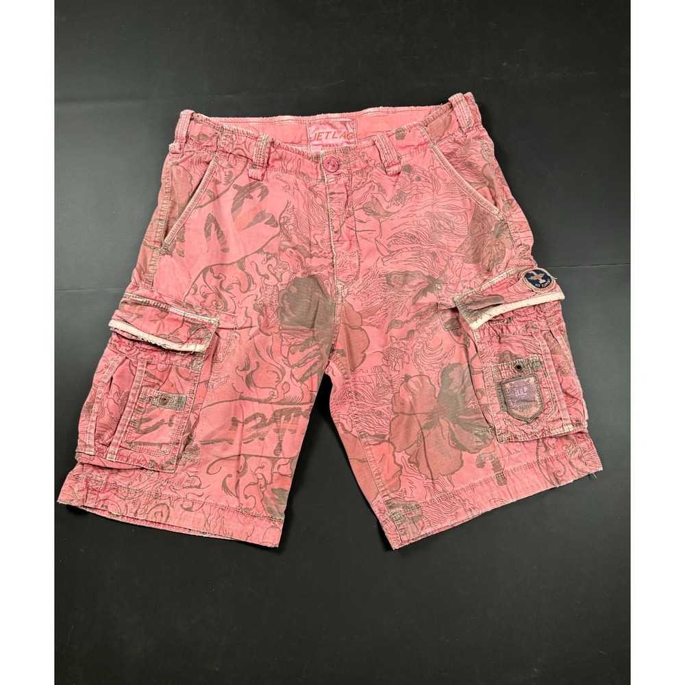 Jet Lag Men's Cargo Shorts Size 36 Pink Floral Y2K Graphic 100% Cotton